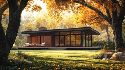 Poster - A modern house surrounded by autumn foliage and a lush green lawn.