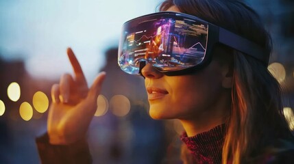 Sticker - A woman wearing futuristic VR goggles, interacting with digital visuals in an urban setting.