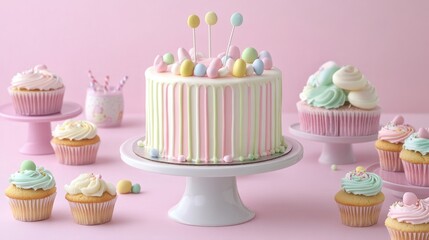 Poster - A festive display of a decorated cake and cupcakes on pastel-colored stands.