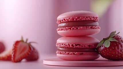 Chocolatestrawberry macaroon on a podium on pastel pinkgreen background Luxury delicious food aesthetics : Generative AI