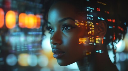 Aufkleber - Computer data hologram hud or woman review finance chart stock market database or futuristic night overlay Forex investment dashboard web ecommerce or African trader trading NFT or bit : Generative AI