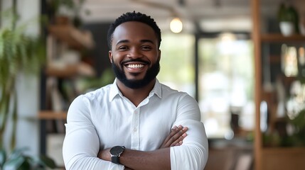Poster - Crossed arms laugh and face of business black man in office for leadership funny joke and success Corporate manager and portrait of happy person in workplace for ambition pride and con : Generative AI