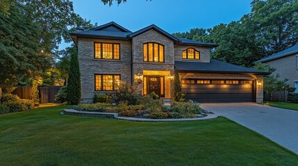 Poster - A charming two-story house illuminated at dusk, surrounded by a well-kept lawn and garden.