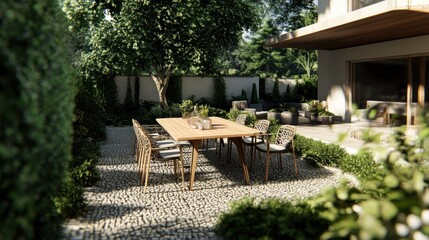 Poster - A serene outdoor dining area featuring a wooden table and chairs surrounded by greenery.