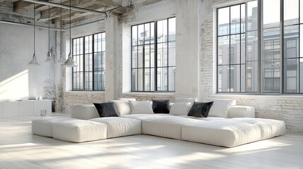 Sticker - A spacious, modern living room with large windows and a minimalist sectional sofa.