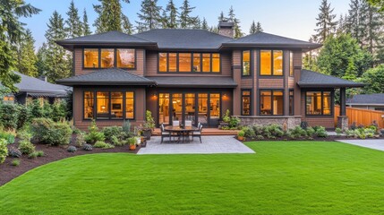 Wall Mural - A modern house with large windows surrounded by a lush lawn and trees at sunset.