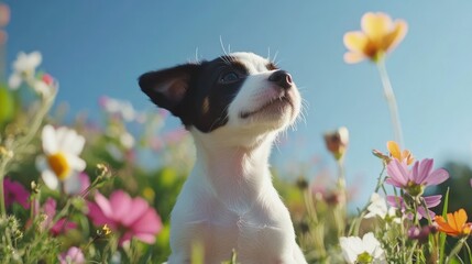 Sticker - A playful puppy surrounded by colorful flowers in a sunny field.