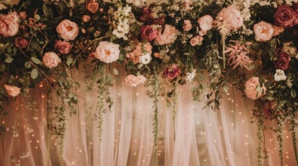 Sticker - A floral backdrop adorned with pink and white flowers, drapes, and fairy lights for decoration.