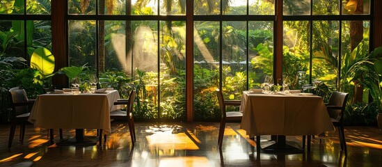 Wall Mural - Two tables set for a meal inside a restaurant with large windows looking out to a lush green garden.