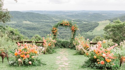 Canvas Print - A scenic outdoor wedding venue adorned with vibrant flowers and a natural backdrop.