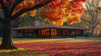 Poster - A modern house surrounded by vibrant autumn foliage and a serene landscape.