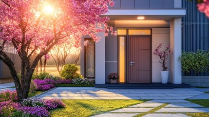 Poster - A serene entrance with blooming trees and flowers, welcoming sunlight.