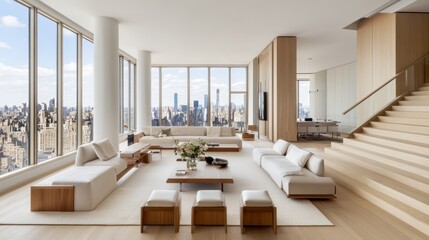 Sticker - Modern living room with panoramic city views and minimalist design elements.