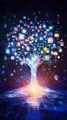 Wall Mural - abstract glowing tree with digital icons