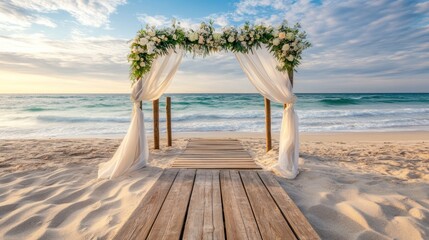 Poster - A picturesque beach wedding arch adorned with flowers and draped fabric, set against the ocean.