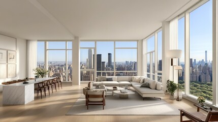 Poster - Modern high-rise living room with panoramic city views and stylish furnishings.