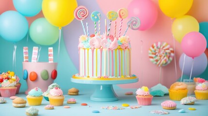 Wall Mural - A vibrant birthday cake display with colorful decorations and sweets for a festive celebration.