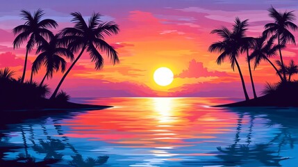 Wall Mural - silhouettes of palm trees on a tropical beach at sunset with the sun reflecting on the ocean water.