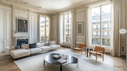 Poster - Elegant and spacious living room with large windows and modern furnishings.