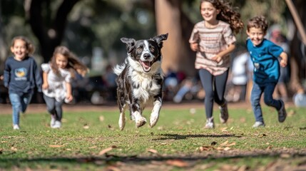 Poster - A joyful dog runs alongside children in a park, capturing a moment of playfulness and freedom.