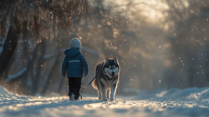 Wall Mural - A child walks a husky through a snowy landscape, surrounded by soft winter light.