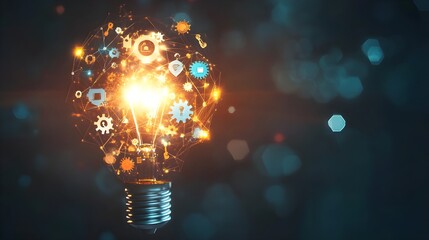 Wall Mural - creative lightbulb design with interconnected gears and icons