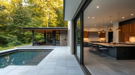 Canvas Print - Modern home with open design, pool, and natural surroundings.