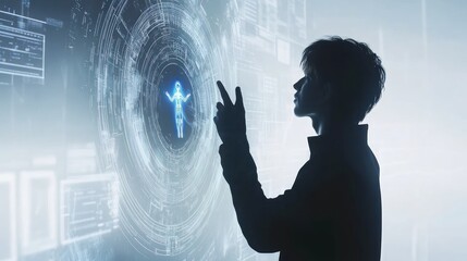 Poster - A silhouette interacts with a holographic interface displaying a digital figure and data.