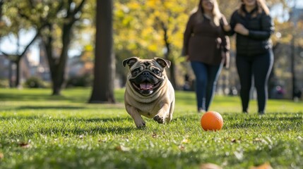 Wall Mural - A pug joyfully runs towards an orange ball in a park while two women walk nearby.