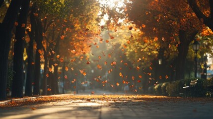 Canvas Print - A serene autumn scene with falling leaves in a sunlit park pathway.