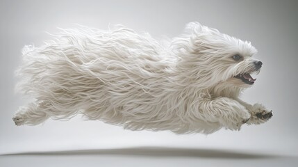 Canvas Print - A fluffy white dog leaps gracefully in mid-air, showcasing its playful energy and joy.