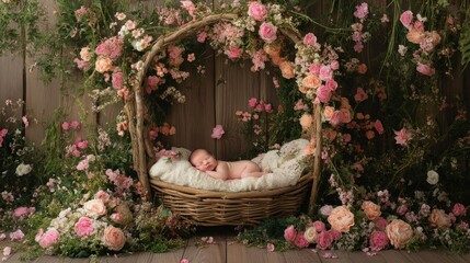 Wall Mural - A serene newborn nestled in a floral basket surrounded by vibrant flowers.