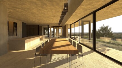 Poster - Modern dining area with large windows, showcasing a minimalist design and natural light.