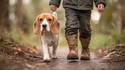 Canvas Print - A child walks with a beagle dog along a forest path, enjoying nature together.