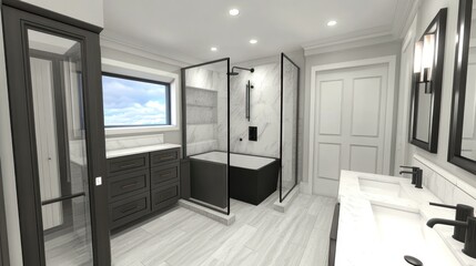 Sticker - Modern bathroom design featuring a shower, bathtub, and dual sinks.