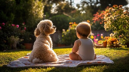 Poster - A serene moment shared between a baby and a dog in a sunlit garden.