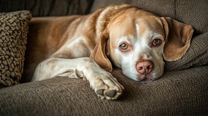 Wall Mural - A relaxed dog resting on a couch, showcasing a calm and cozy home environment.