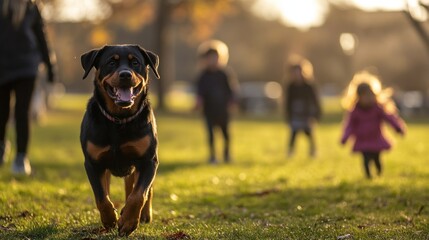 Wall Mural - A joyful dog running in a park with children playing in the background during sunset.