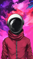 Wall Mural - Astronaut with a red spacesuit against a colorful nebula background.