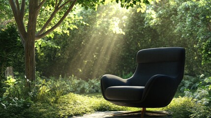 Poster - A cozy chair in a sunlit forest, inviting relaxation and connection with nature.