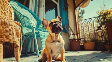 Sticker - A puppy sits on a patio, enjoying the sunny day and surrounding greenery.