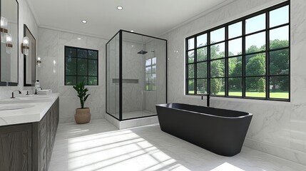 Poster - Modern bathroom featuring a glass shower, freestanding tub, and large windows for natural light.