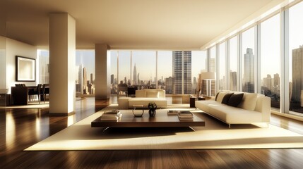 Sticker - Modern living room with city skyline view, emphasizing luxury and comfort.