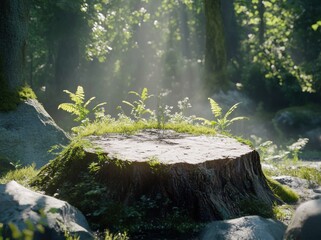 Sticker - A serene forest scene featuring a tree stump surrounded by ferns and soft sunlight.