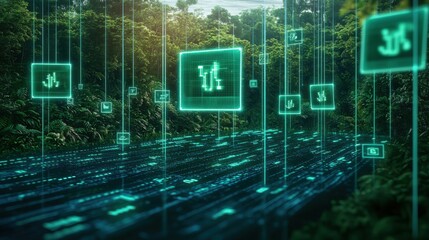 digital forest with holographic data streams and symbols.