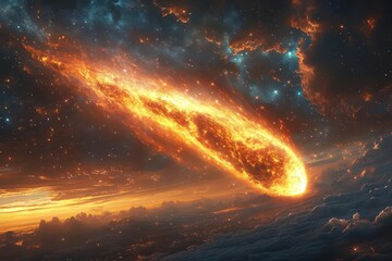 Wall Mural - spectacular meteor streaking across starry night sky fiery tail illuminates landscape below creating