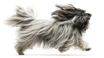 Sticker - A fluffy dog with long fur running energetically across a white background.