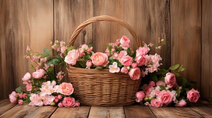 Poster - A woven basket filled with pink flowers, set against a wooden background for a serene display.