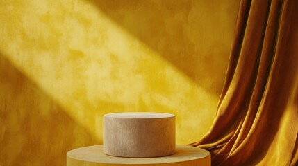 Wall Mural - A minimalist display featuring a circular pedestal and draped fabric against a yellow backdrop.