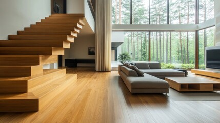 Wall Mural - Modern interior with wooden stairs and large windows overlooking a forest.